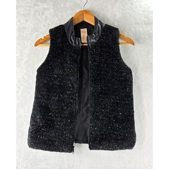 Girls Faded Glory Vest Large Faux Black Fuzzy Fur Silver Threads Puffer Back Qui - Picture 1 of 13